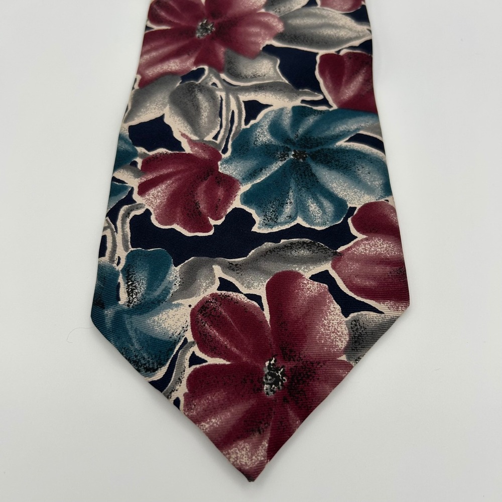 Andhurst Necktie Floral Mens One Size Burgundy Teal 100% Silk Vintage 90s